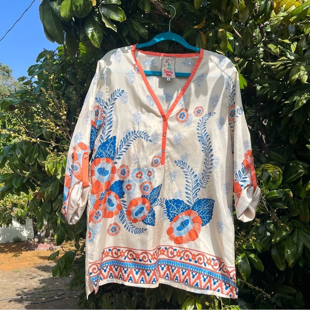Johnny Was ivory silk sheer 3/4 long sleeve floral print tunic blouse